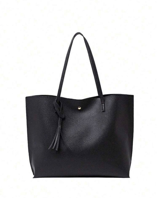 Classic Pebbled Faux-Leather Everyday Tote Bag with Tassel Accent