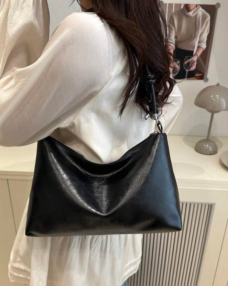 Retro Slouchy Black Shoulder Bag with Knotted Straps