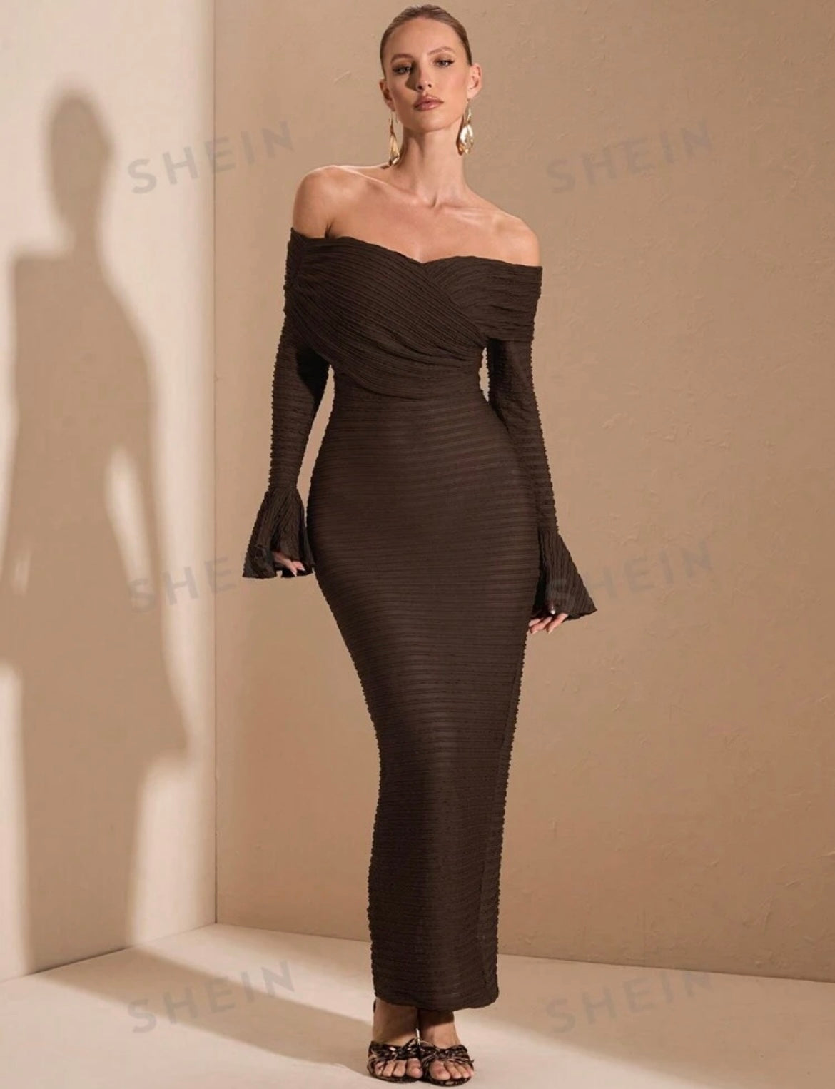 Chocolate Brown Ribbed Off-Shoulder Maxi Dress (SHEIN)