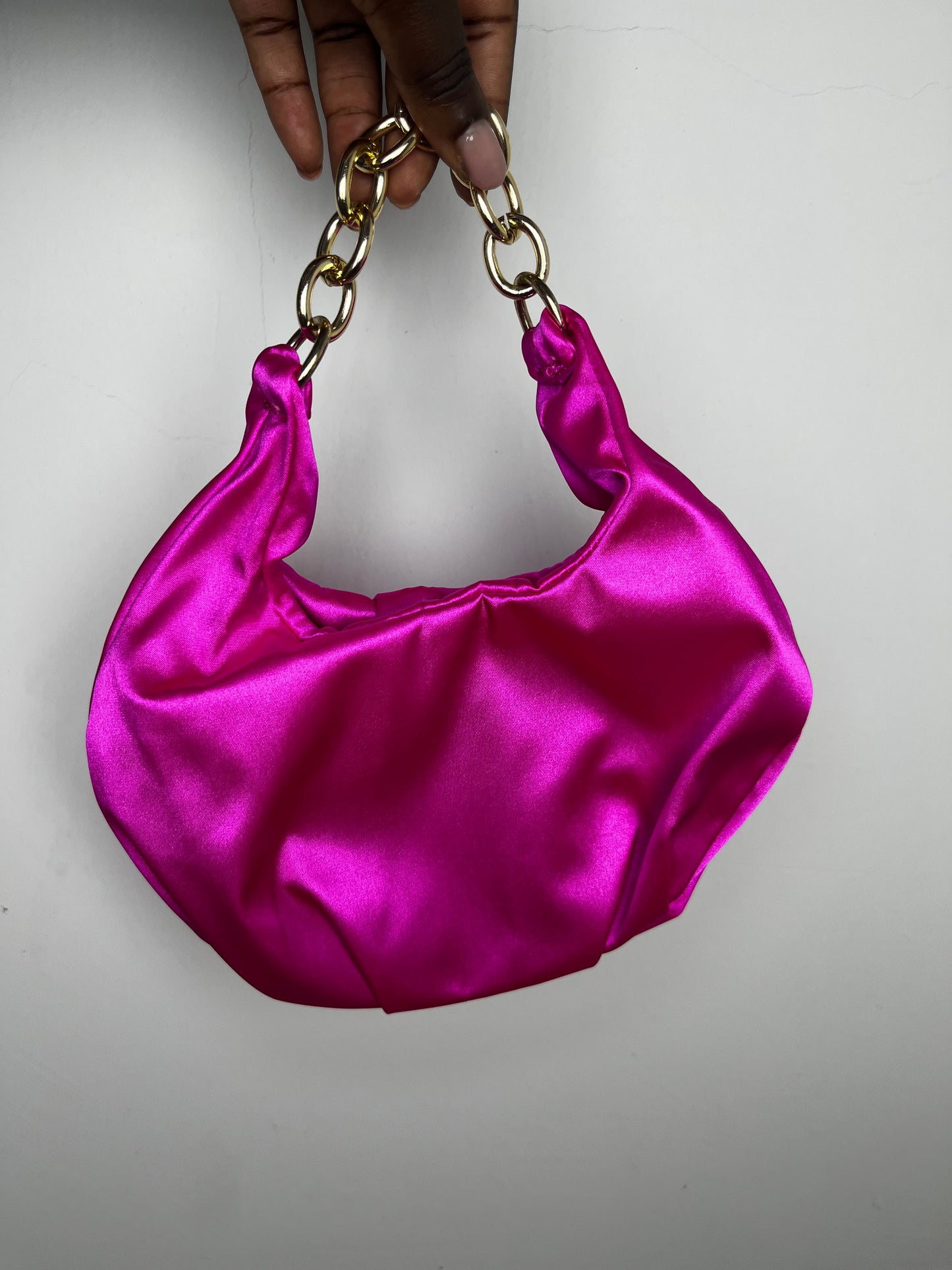 Fuchsia Satin Mini Shoulder Bag with Gold Chain Handle