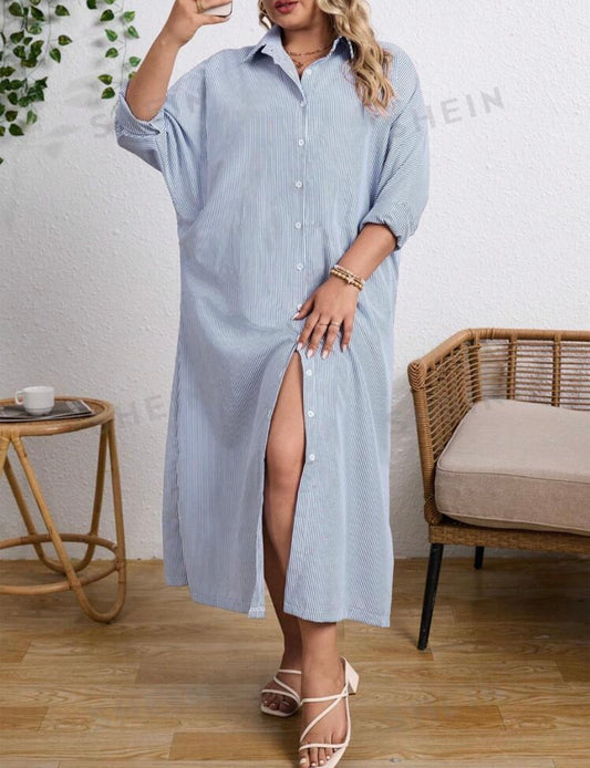Striped Button-Down Shirt Dress SHEIN.