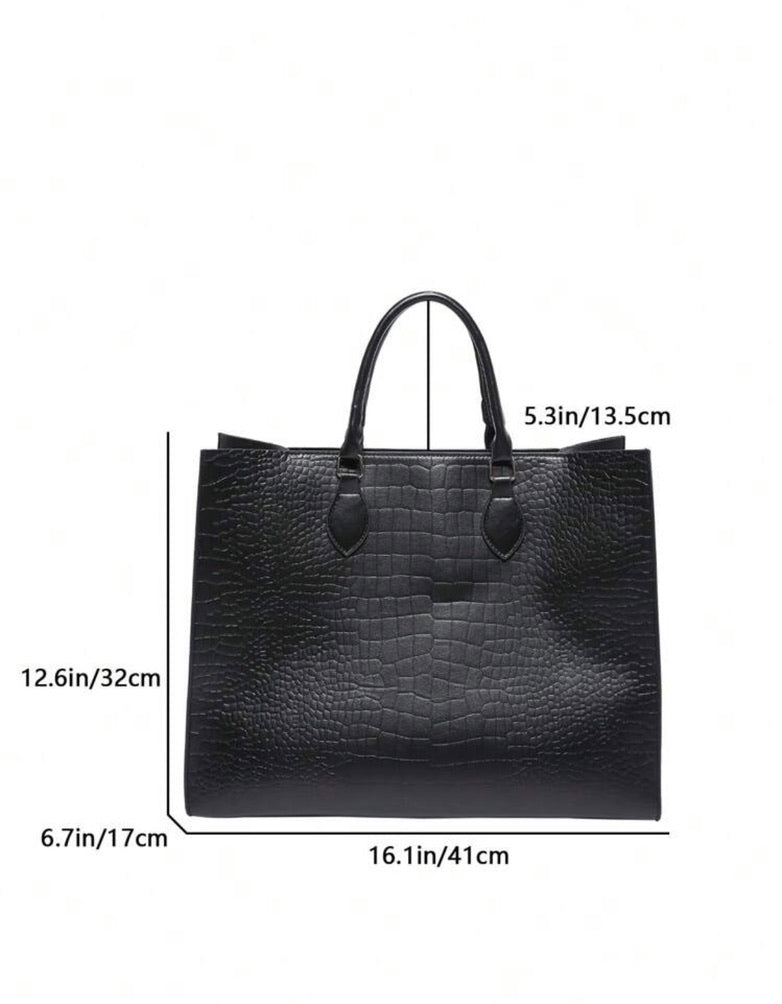 Structured Black Croc Embossed Tote Bag