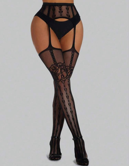 Secret Heart Mock Garter Fishnet Tights
