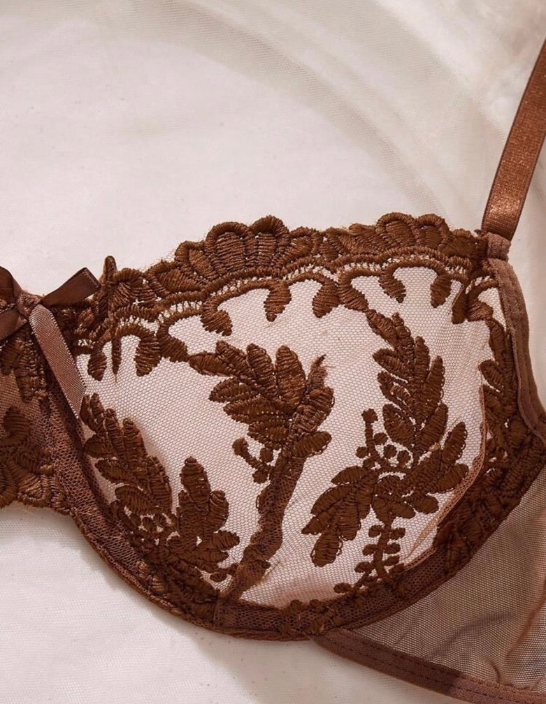Espresso Floral Embroidered 3-Piece Garter Lingerie Set
