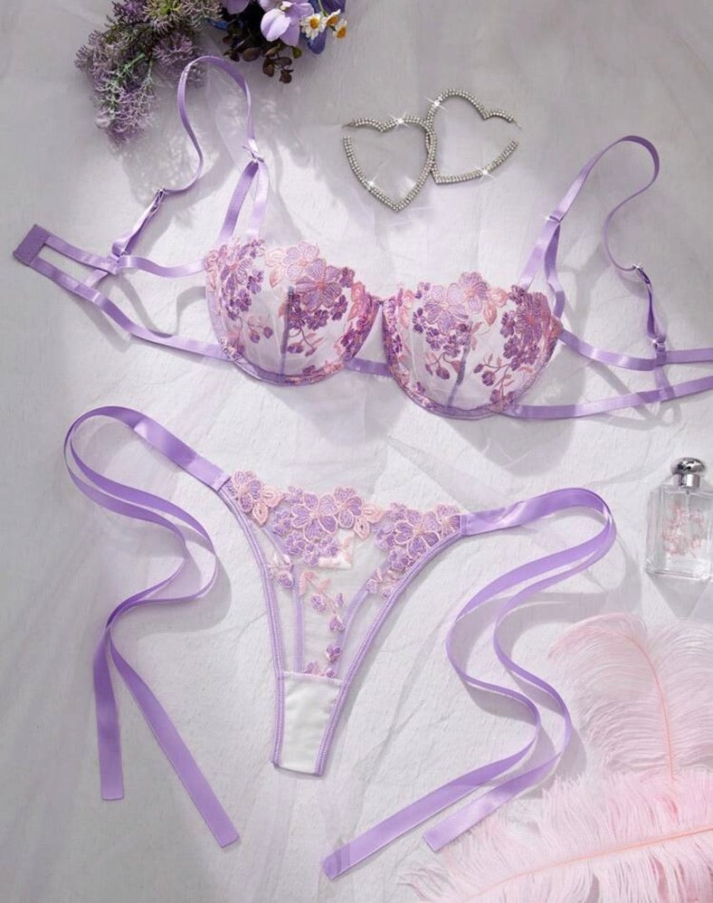 Lavender Fields Floral Embroidered Lingerie Set