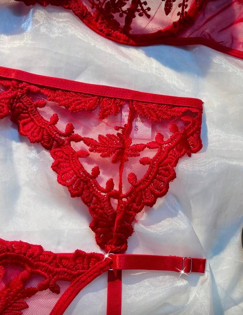 Crimson Desire 3-Piece Garter & Bra Set