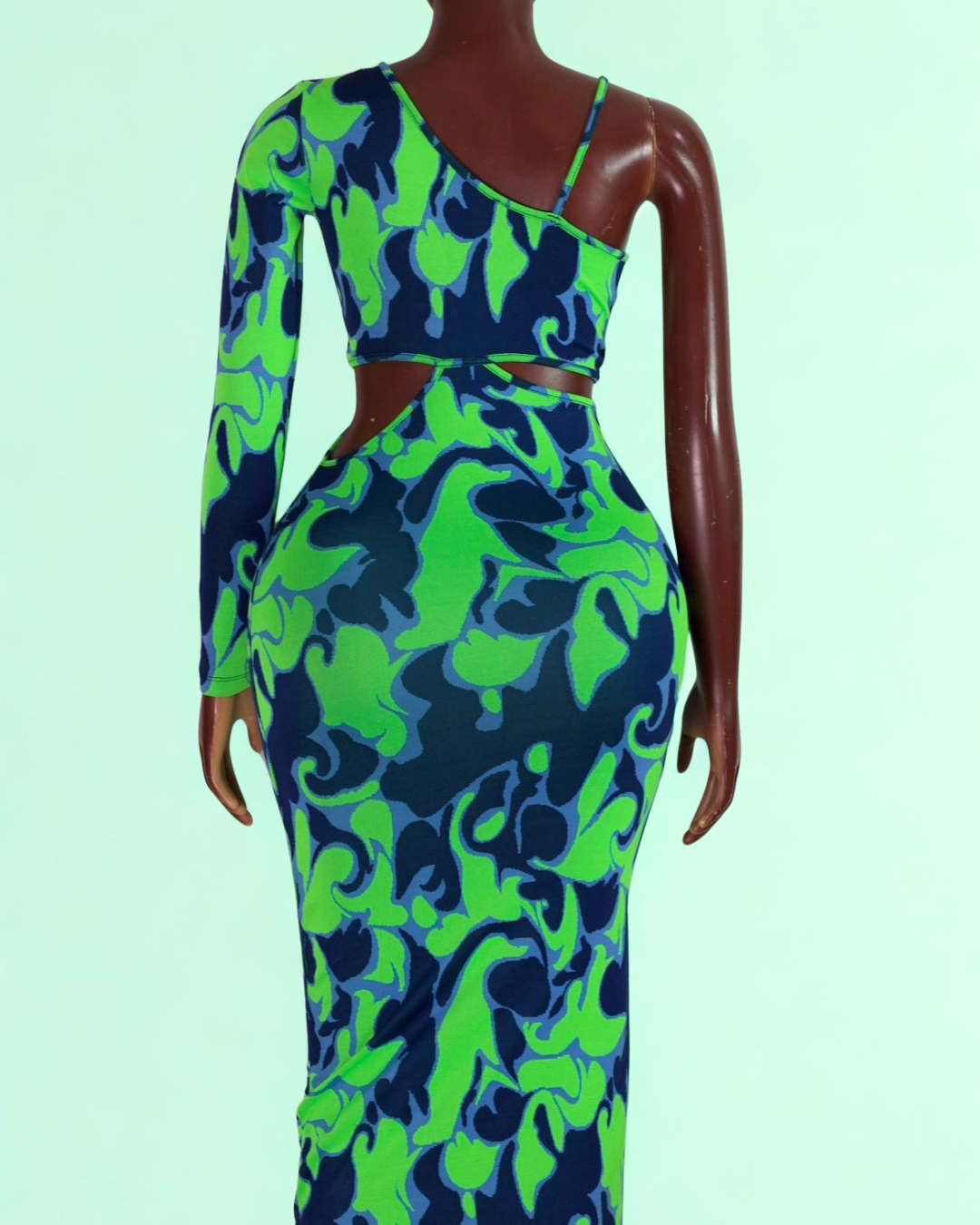 ZARA Asymmetrical Cut-Out Bodycon Dress – Green & Navy