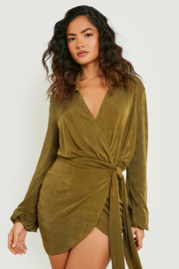 Olive Green Long Sleeve Wrap Mini Dress (BOOHOO)