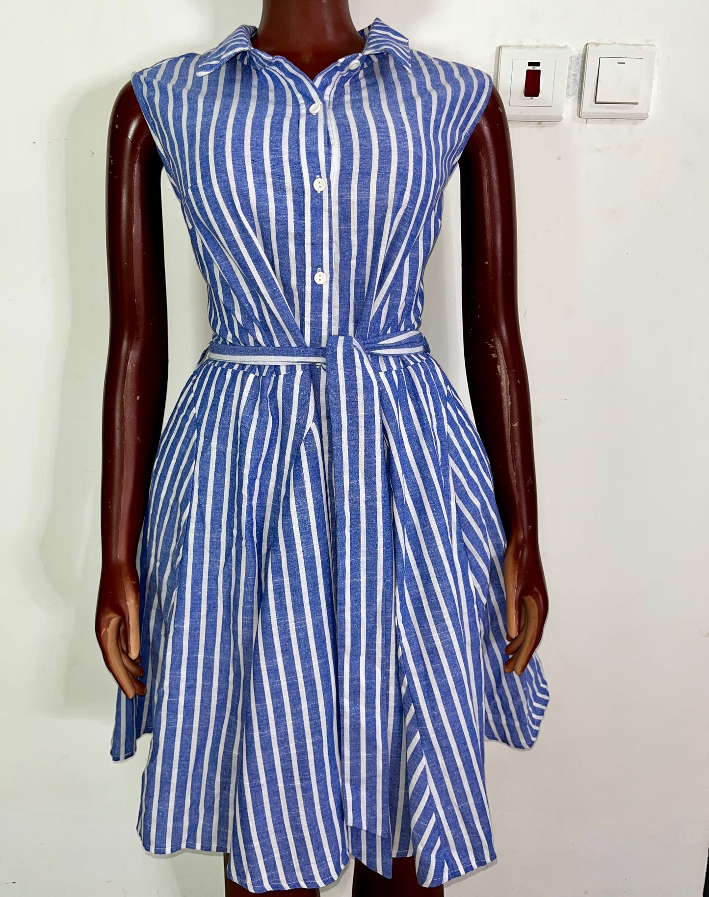 Effortless Chic: Blue & White Striped Sleeveless Shirt Dress