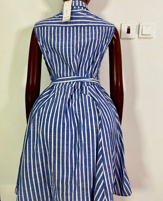 Effortless Chic: Blue & White Striped Sleeveless Shirt Dress