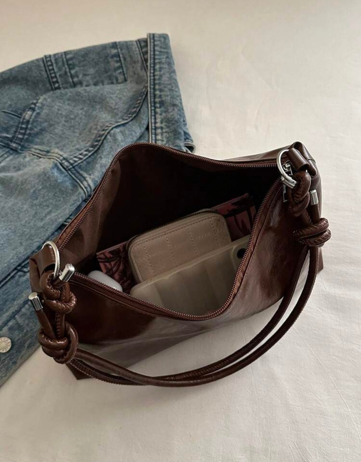 Retro Slouchy Brown Shoulder Bag with Knotted Straps