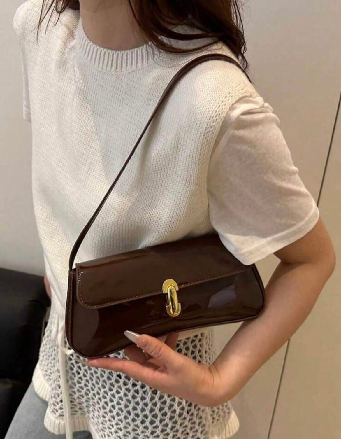 90s Vintage Patent Leather Baguette Shoulder Bag