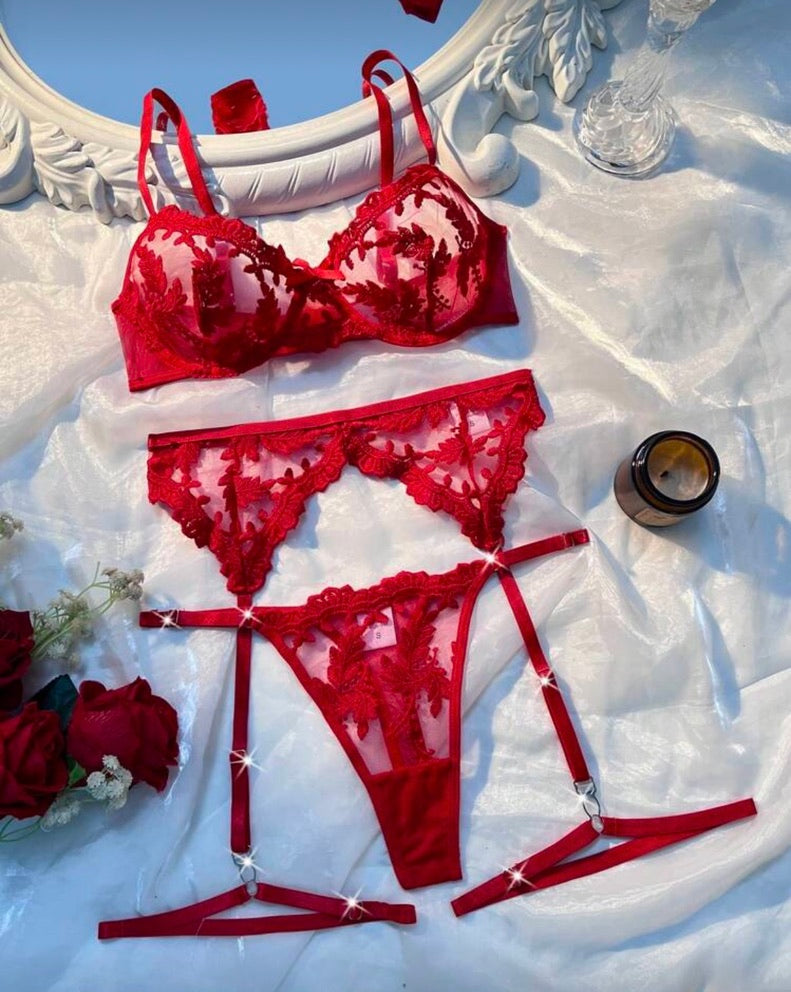 Crimson Desire 3-Piece Garter & Bra Set