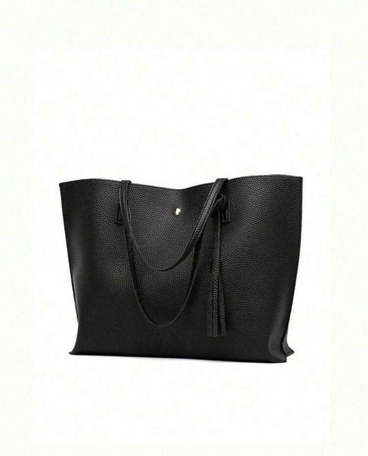 Classic Pebbled Faux-Leather Everyday Tote Bag with Tassel Accent
