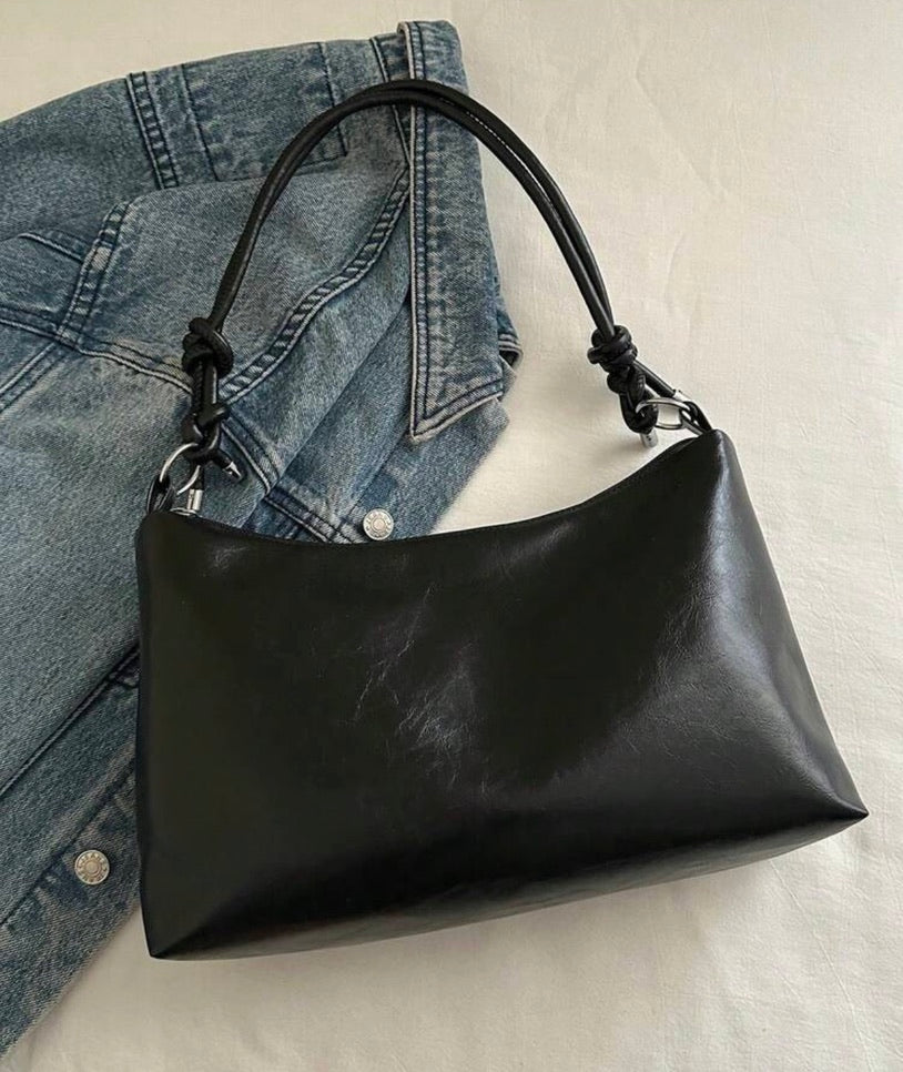 Retro Slouchy Black Shoulder Bag with Knotted Straps