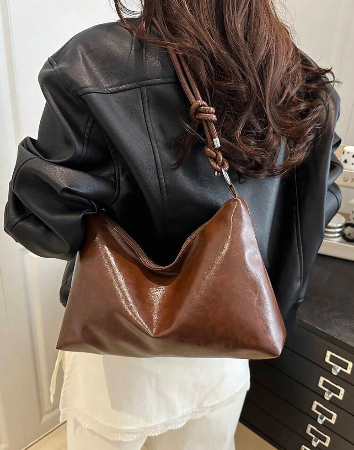 Retro Slouchy Brown Shoulder Bag with Knotted Straps