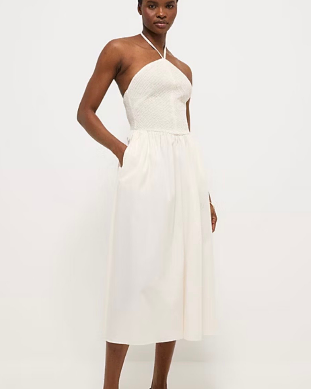 Ivory Halterneck Textured Midi Dress with Pockets