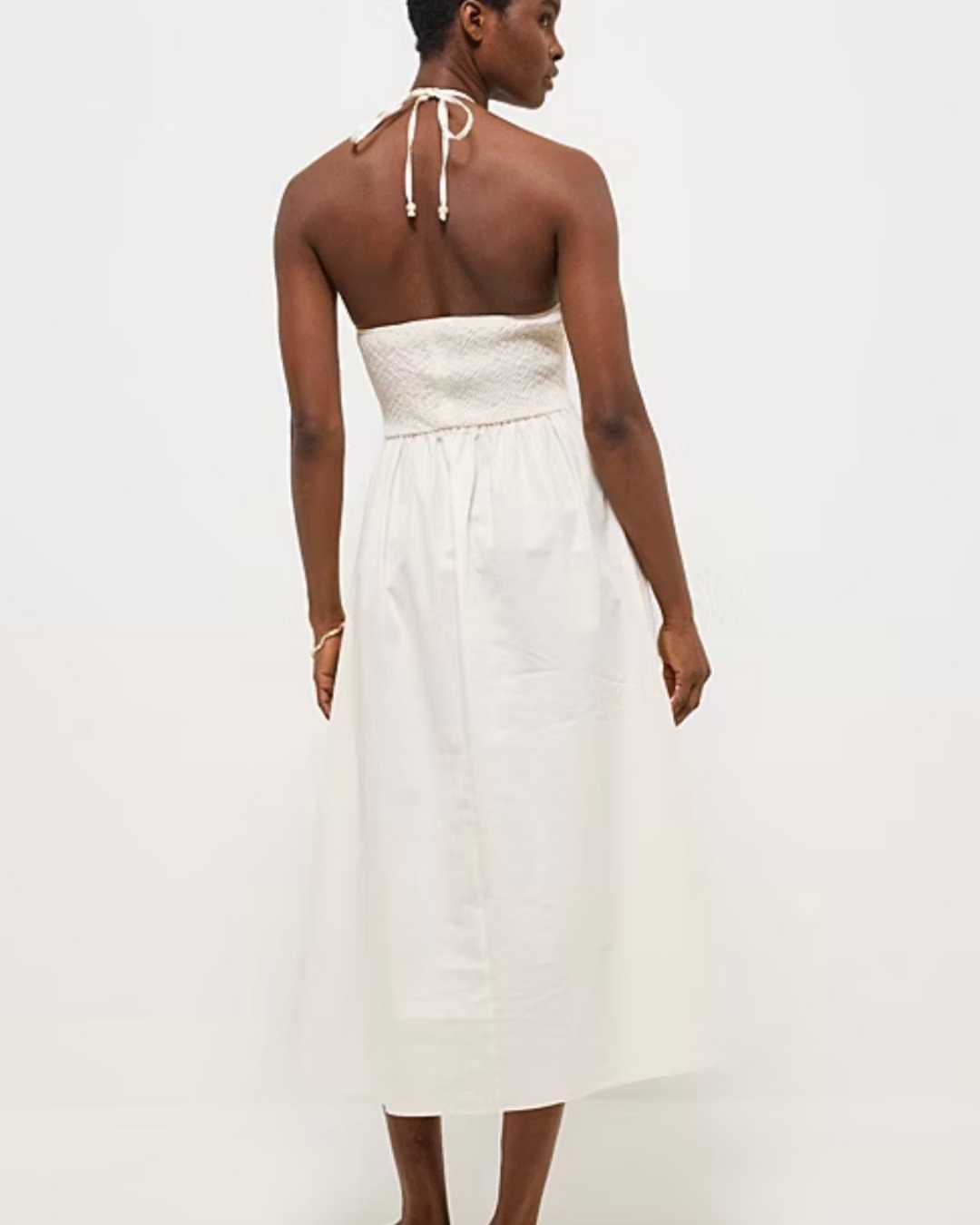 Ivory Halterneck Textured Midi Dress with Pockets