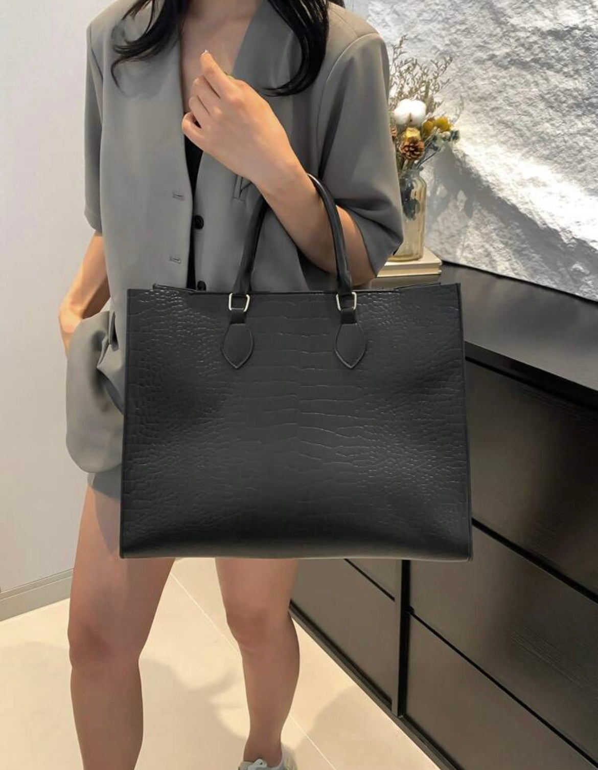 Structured Black Croc Embossed Tote Bag