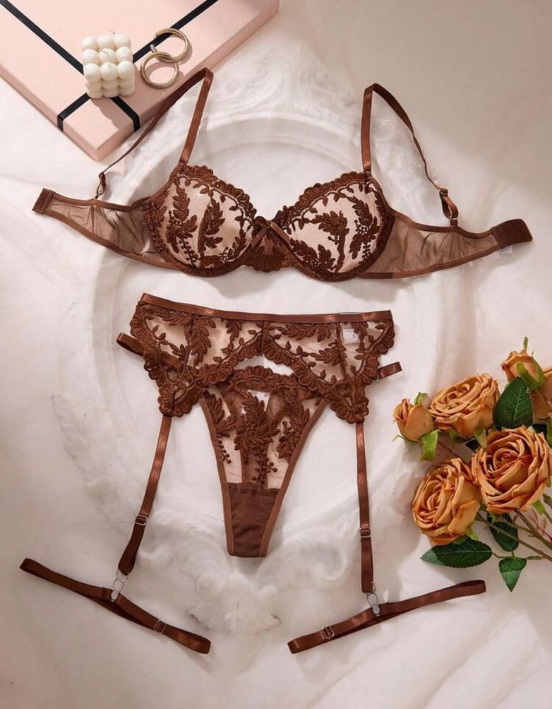 Espresso Floral Embroidered 3-Piece Garter Lingerie Set