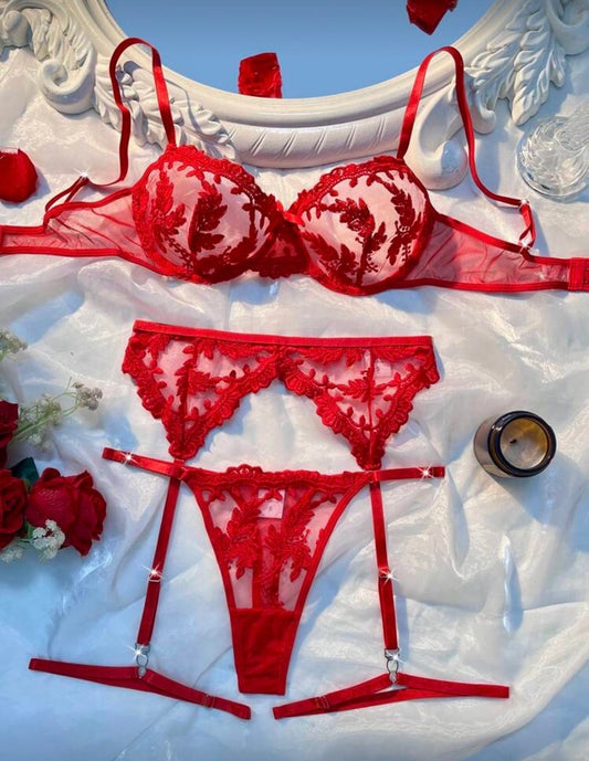 Crimson Desire 3-Piece Garter & Bra Set