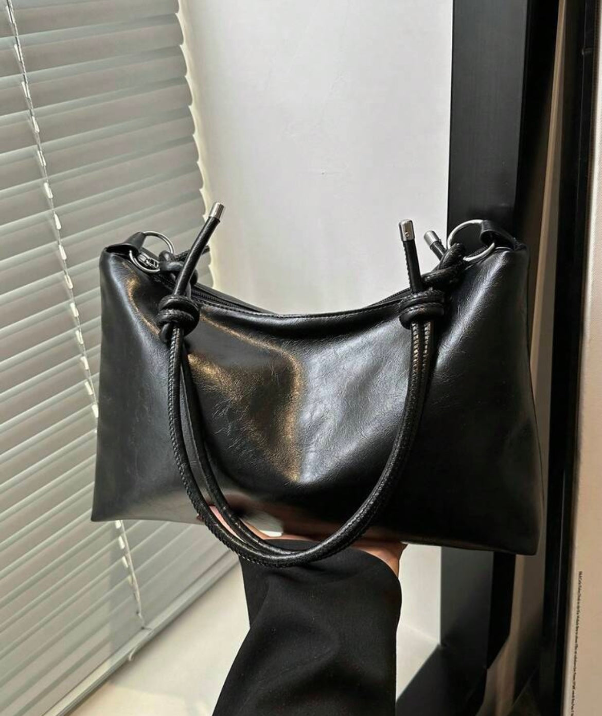 Retro Slouchy Black Shoulder Bag with Knotted Straps