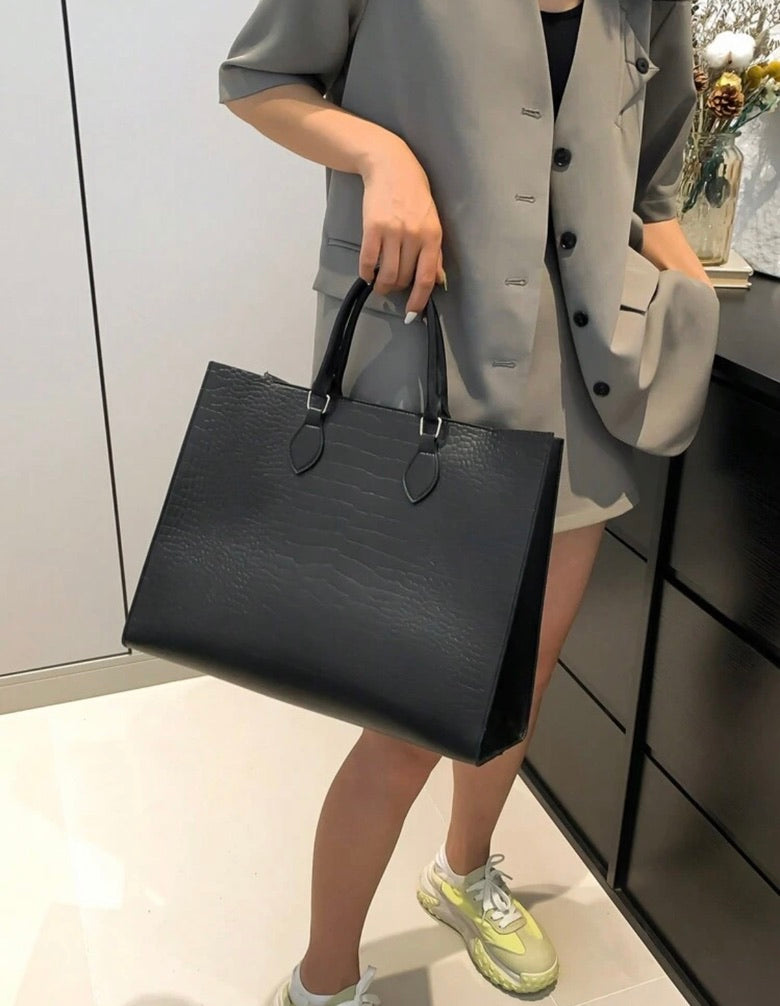 Structured Black Croc Embossed Tote Bag