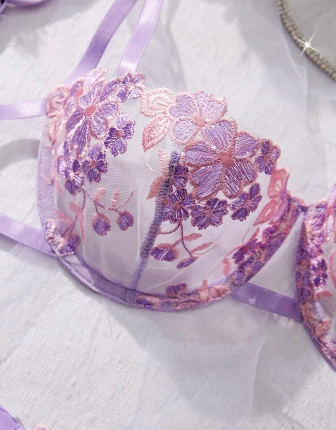 Lavender Fields Floral Embroidered Lingerie Set