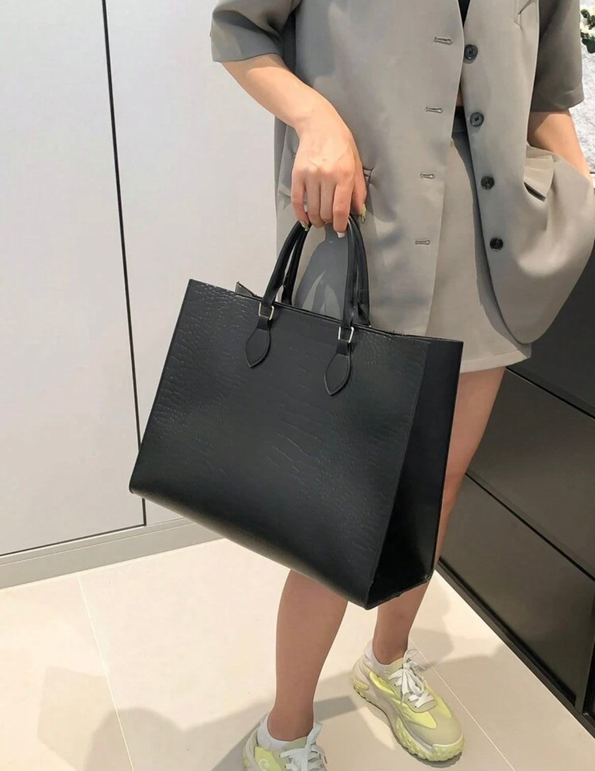 Structured Black Croc Embossed Tote Bag