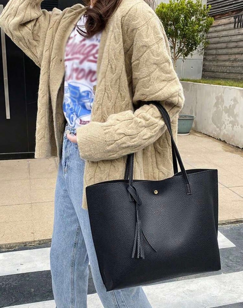 Classic Pebbled Faux-Leather Everyday Tote Bag with Tassel Accent