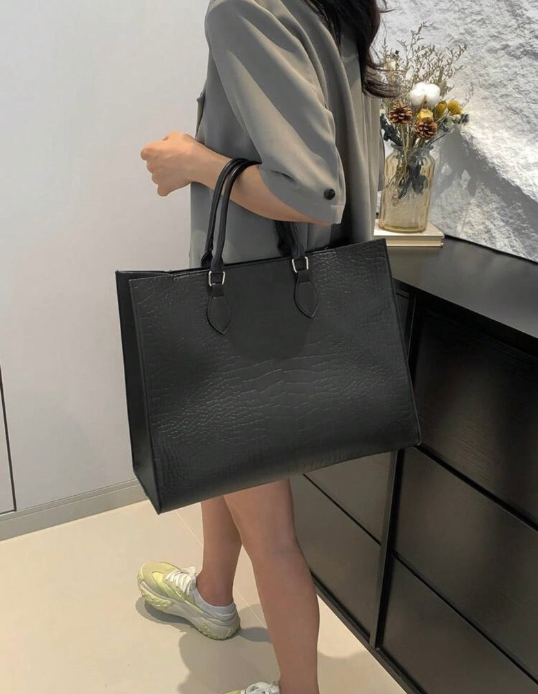 Structured Black Croc Embossed Tote Bag