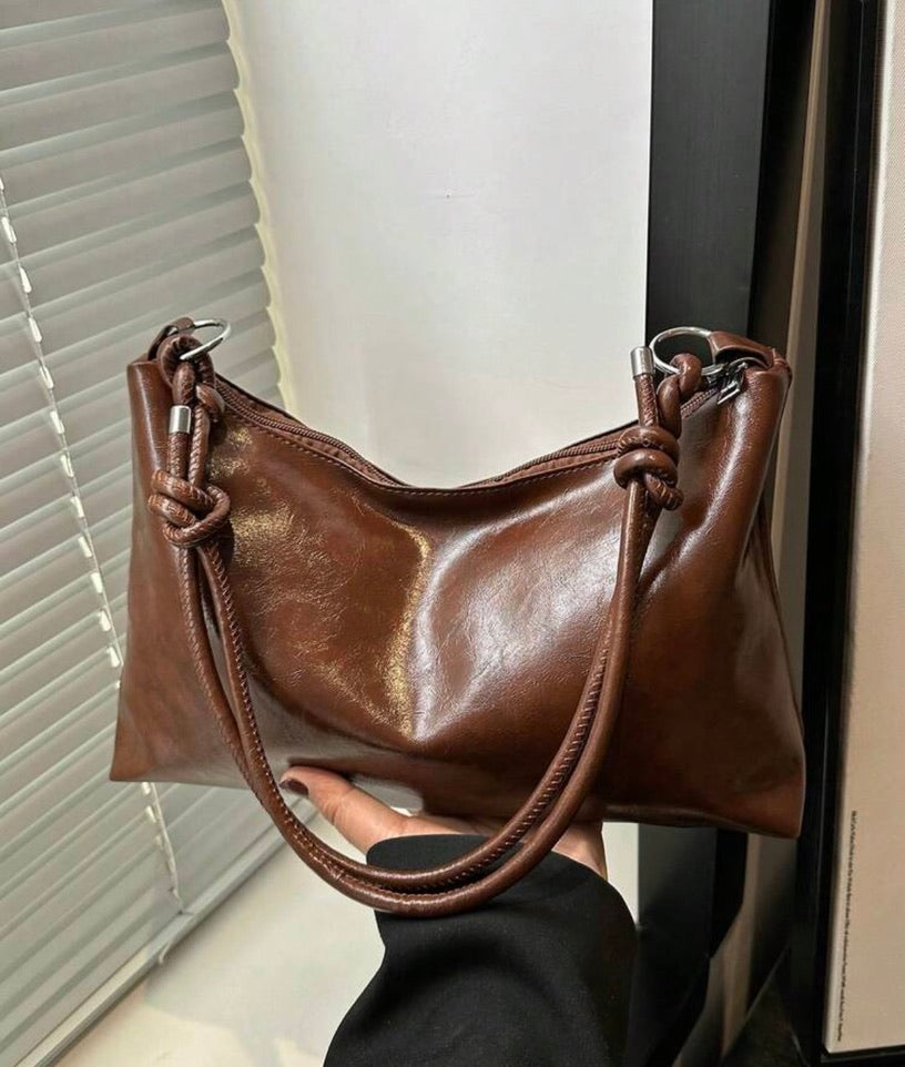 Retro Slouchy Brown Shoulder Bag with Knotted Straps