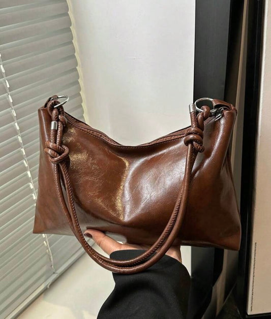 Retro Slouchy Brown Shoulder Bag with Knotted Straps