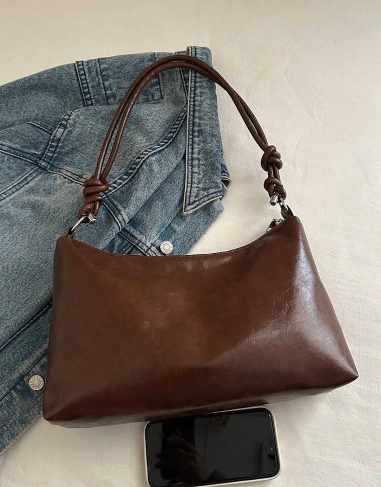 Retro Slouchy Brown Shoulder Bag with Knotted Straps