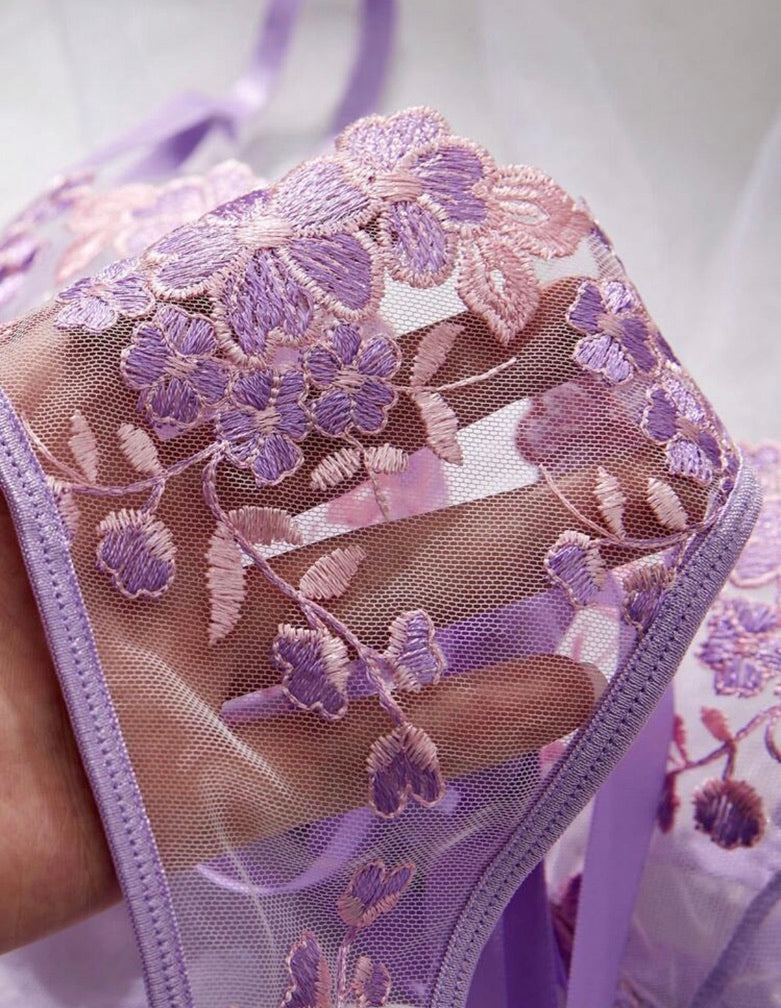 Lavender Fields Floral Embroidered Lingerie Set