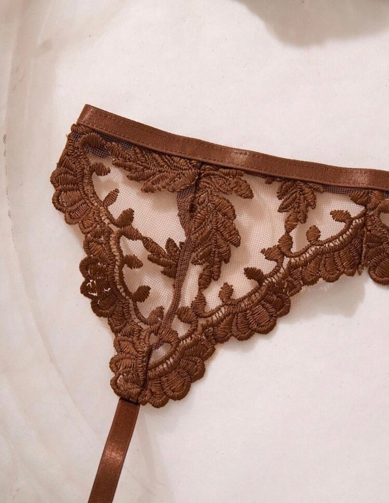 Espresso Floral Embroidered 3-Piece Garter Lingerie Set