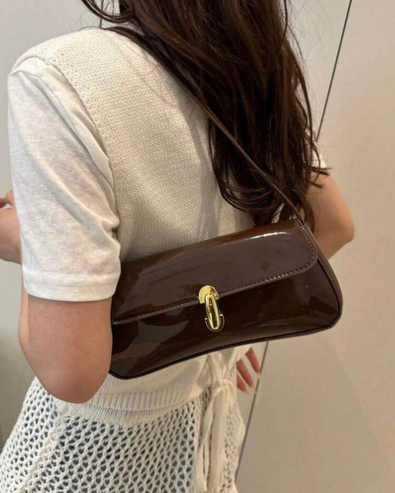 90s Vintage Patent Leather Baguette Shoulder Bag