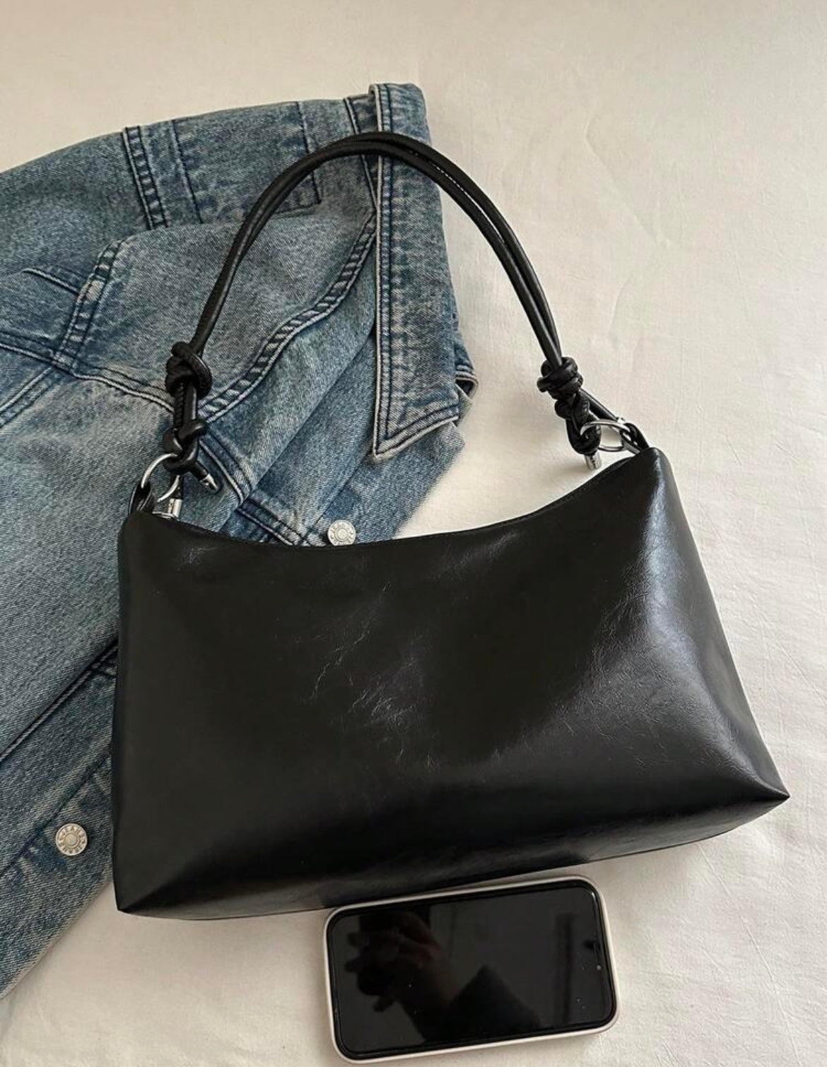 Retro Slouchy Black Shoulder Bag with Knotted Straps