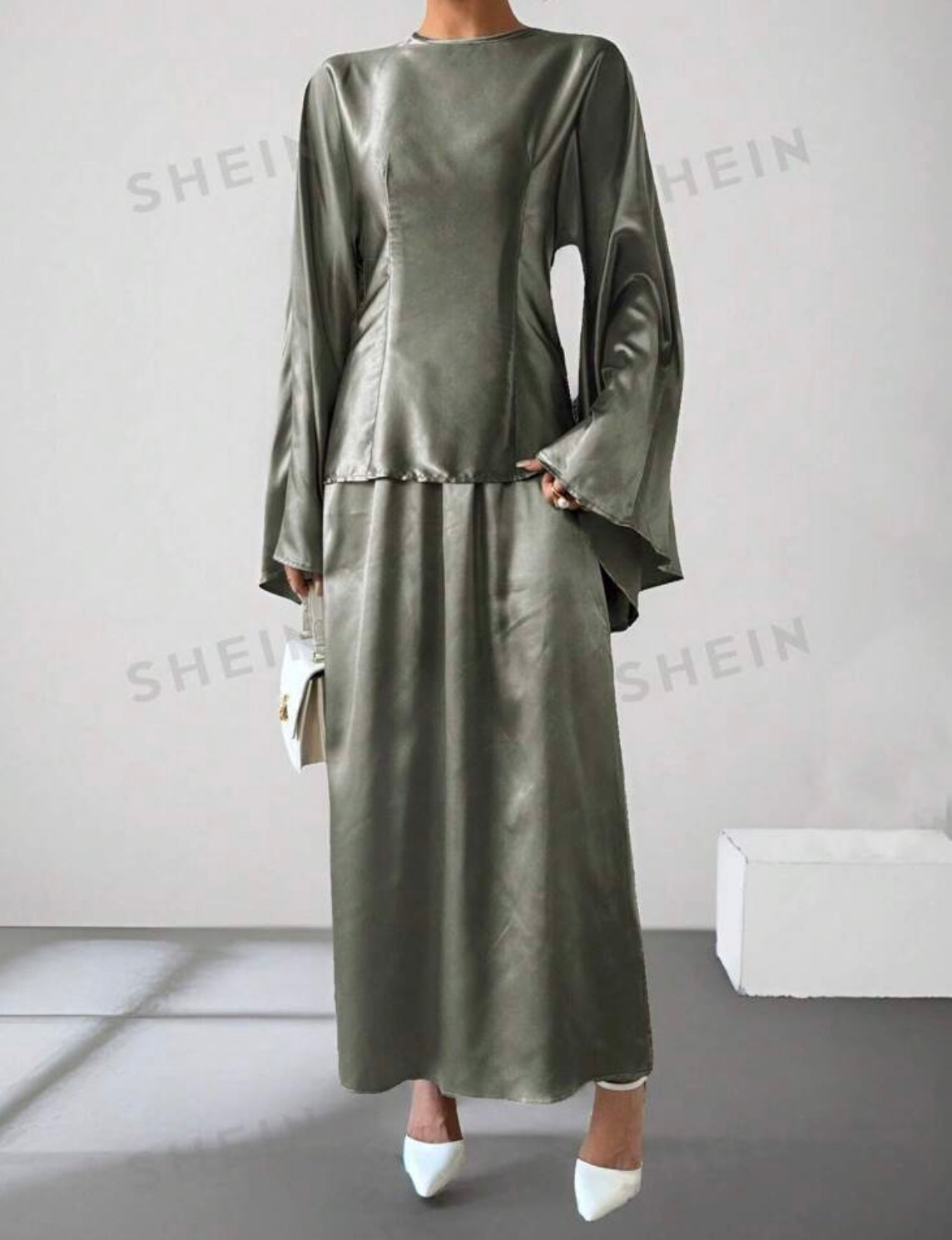 ELEGANT SATIN TWO-PIECE SET - LONG SLEEVE TOP & MAXI SKIRT (SHEIN)