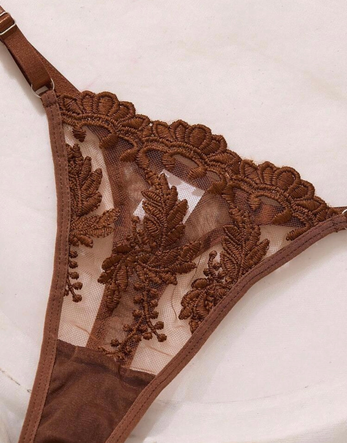 Espresso Floral Embroidered 3-Piece Garter Lingerie Set