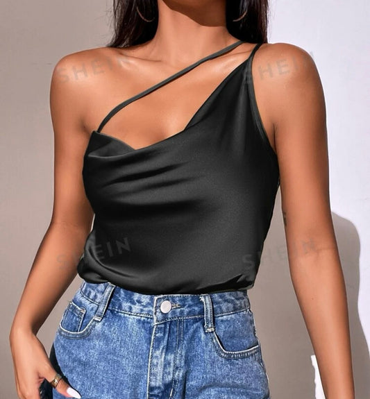 SHEIN Black Satin Asymmetric Strap Bodysuit