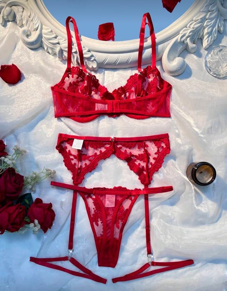 Crimson Desire 3-Piece Garter & Bra Set