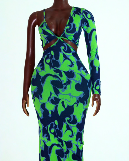 ZARA Asymmetrical Cut-Out Bodycon Dress – Green & Navy