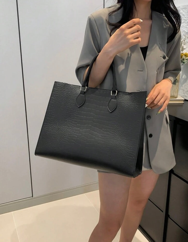 Structured Black Croc Embossed Tote Bag