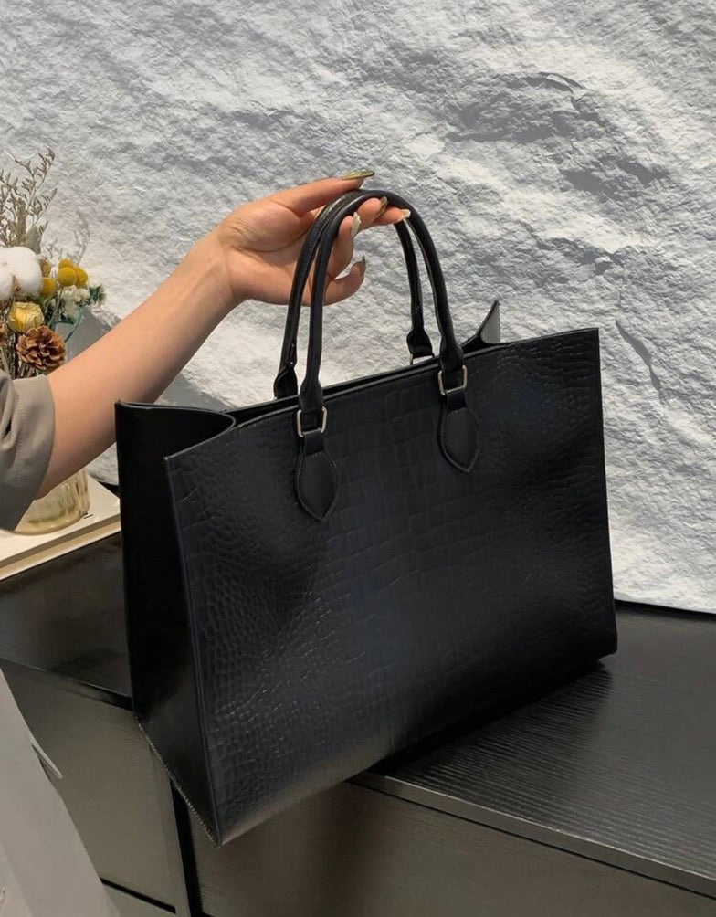 Structured Black Croc Embossed Tote Bag