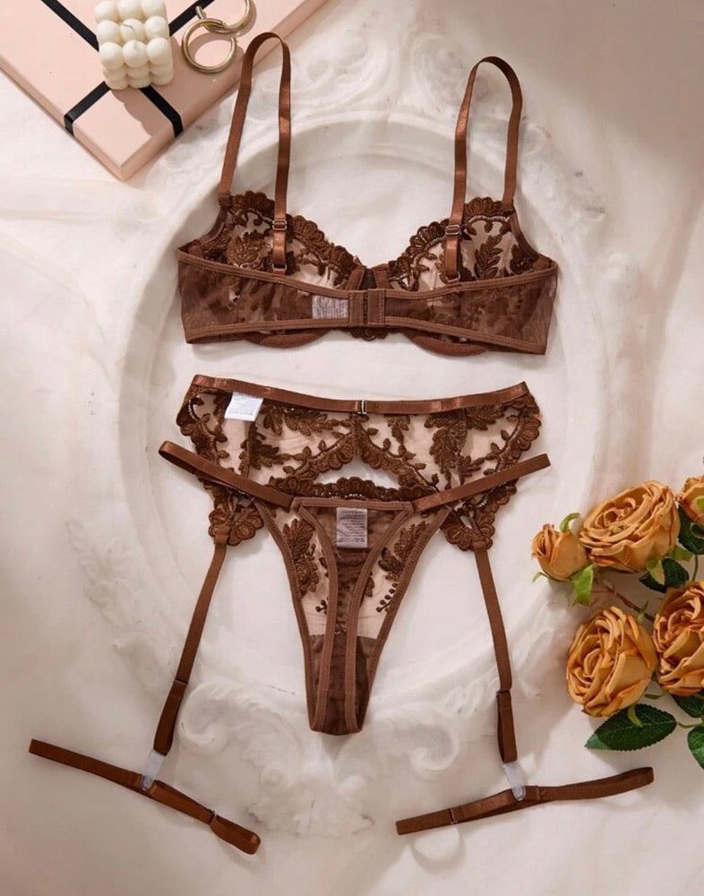 Espresso Floral Embroidered 3-Piece Garter Lingerie Set