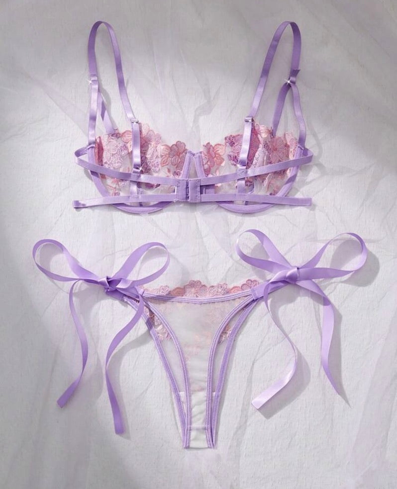 Lavender Fields Floral Embroidered Lingerie Set