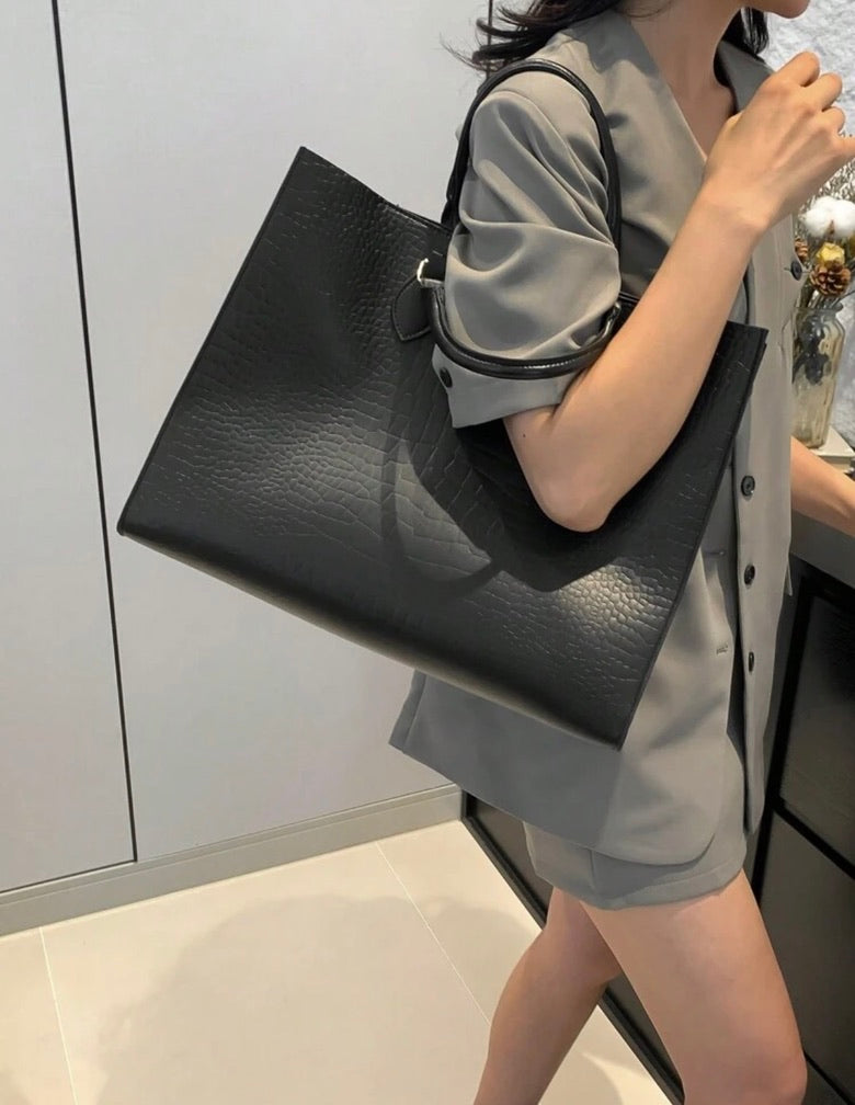 Structured Black Croc Embossed Tote Bag