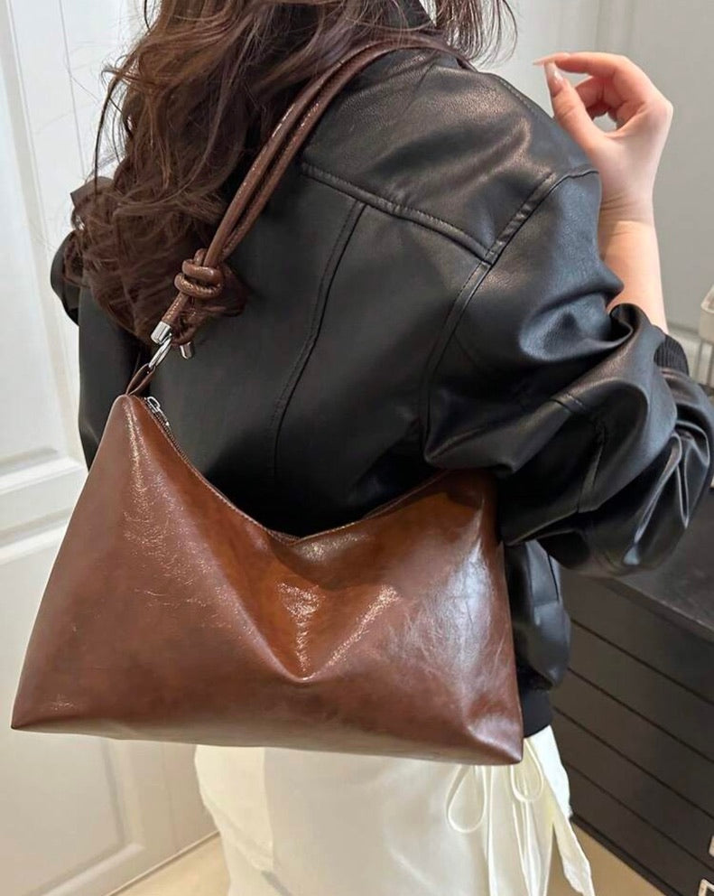 Retro Slouchy Brown Shoulder Bag with Knotted Straps