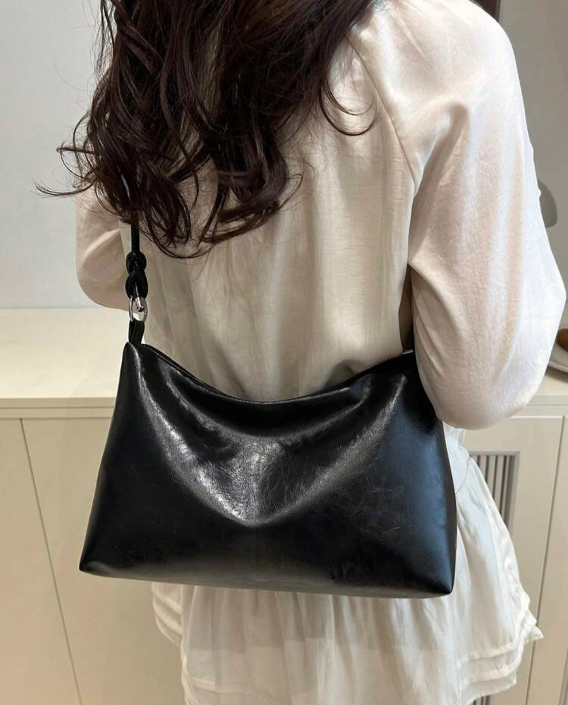 Retro Slouchy Black Shoulder Bag with Knotted Straps